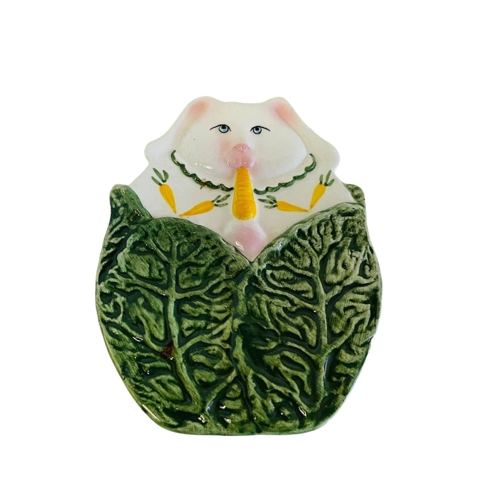 Clay Art Rabbit Cabbage Spoon Rest Green White 1992 Vintage Ceramic Bunny
